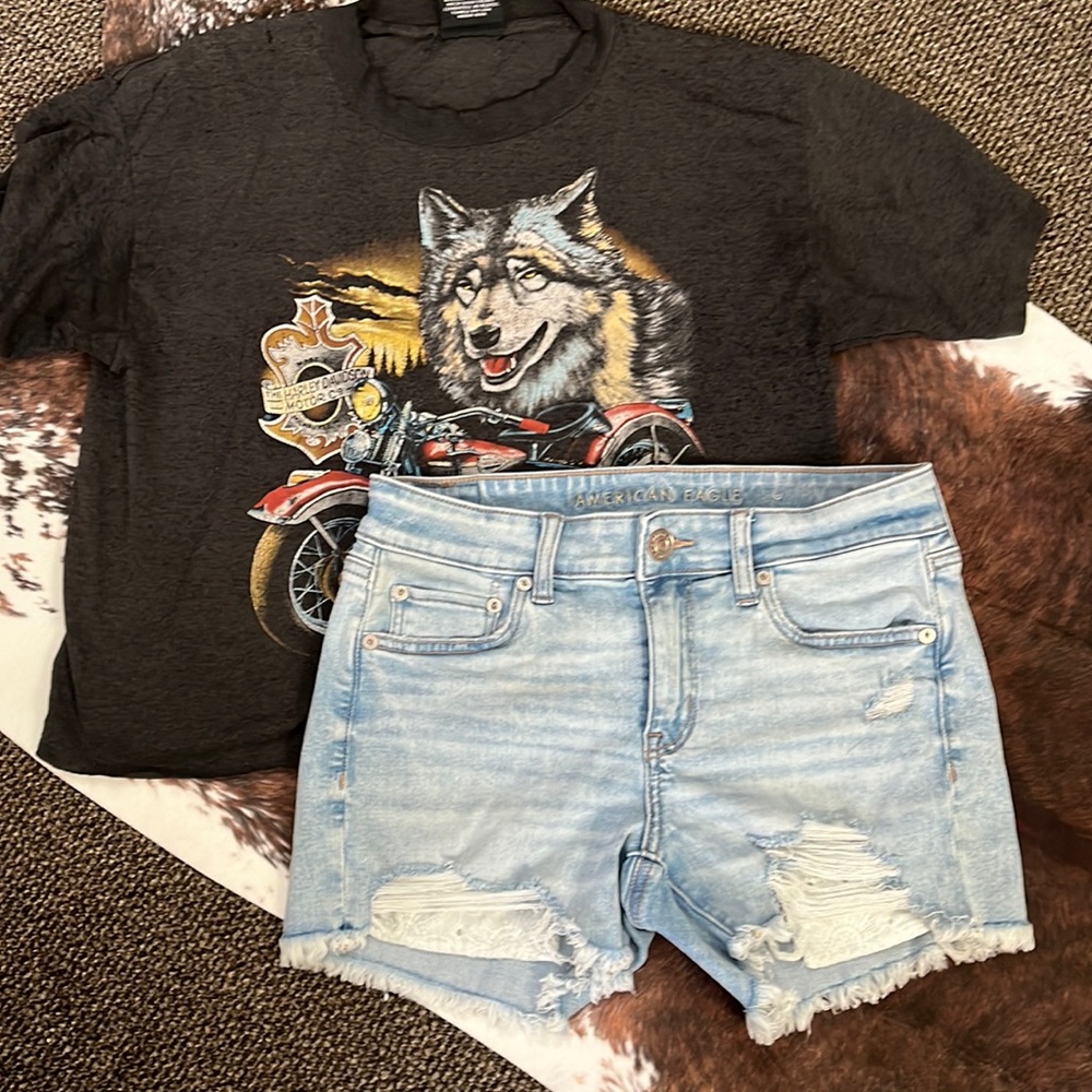 American Eagle Midi Light Wash Distressed Lace Denim Shorts